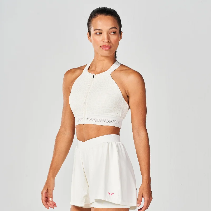 post - surgery women sport bra for support and comfortUntamed Zip Up Bra - Pearl White Print