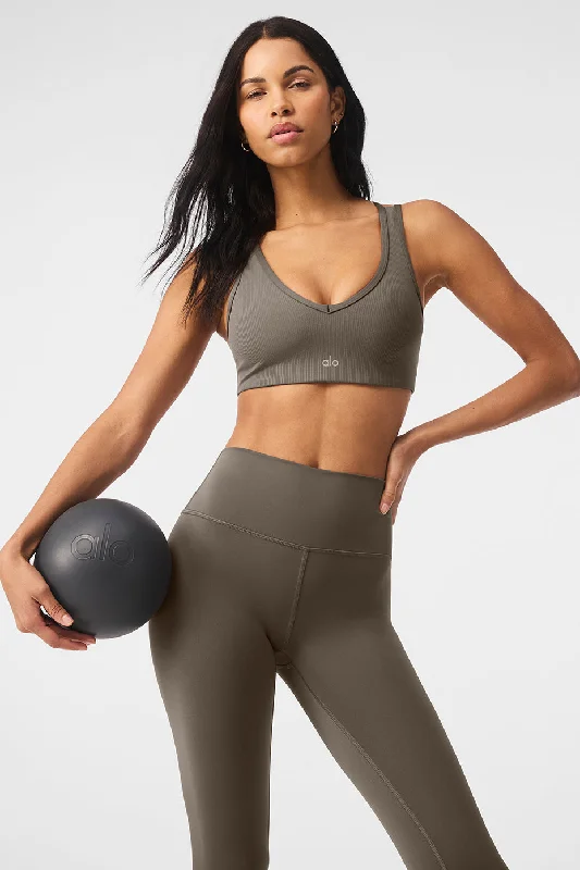 luxury brand women sport bra for high - end qualityAirlift Ribbed Jump Start V-Neck Bra - Olive Tree