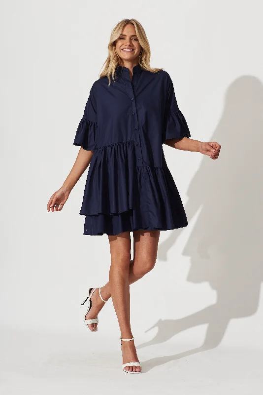 Blaire Smock Dress In Navy Cotton Blend