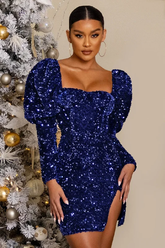 FashionSierra - Solid Sequins Square Neck Puff Sleeve Club Mini Dress