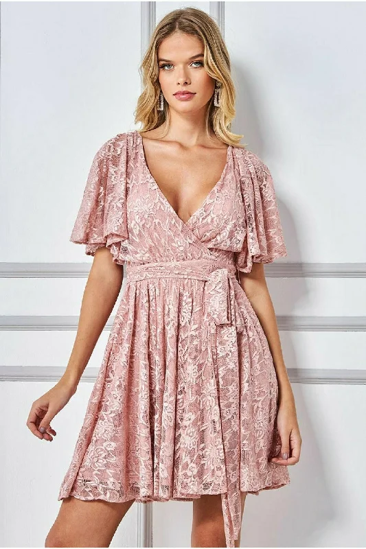 Goddiva Lace Kimono Wrap Skater Mini Dress - Blush