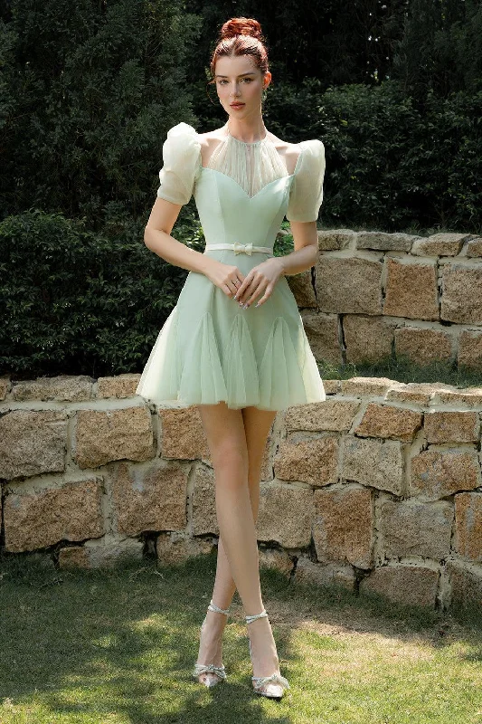 Spring A-line Puffy Sleeved Tulle Mini Dress