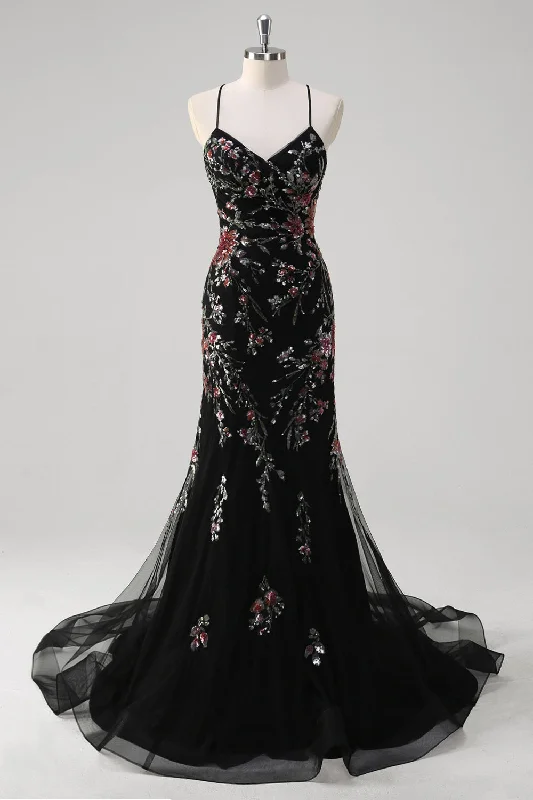 Black Mermaid Spaghetti Straps Appliqued Long Prom Dress With  Sequins