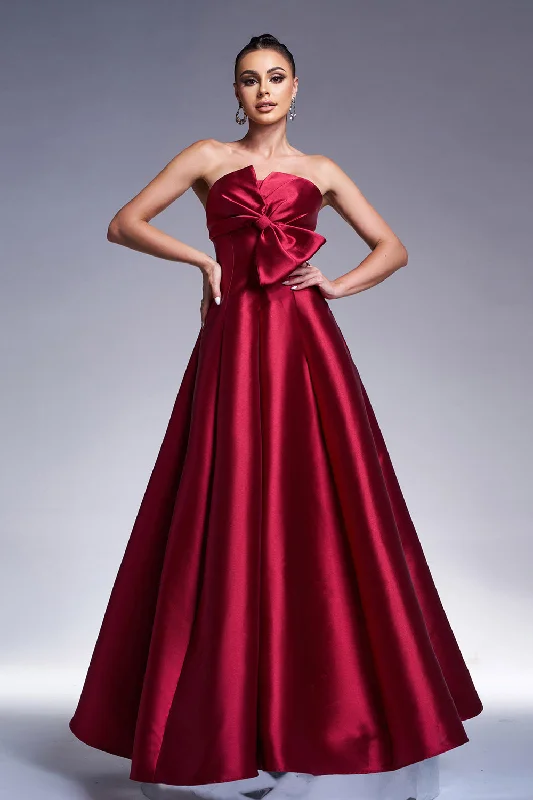 Burgundy A-Line Strapless Satin Prom Dress with Bow