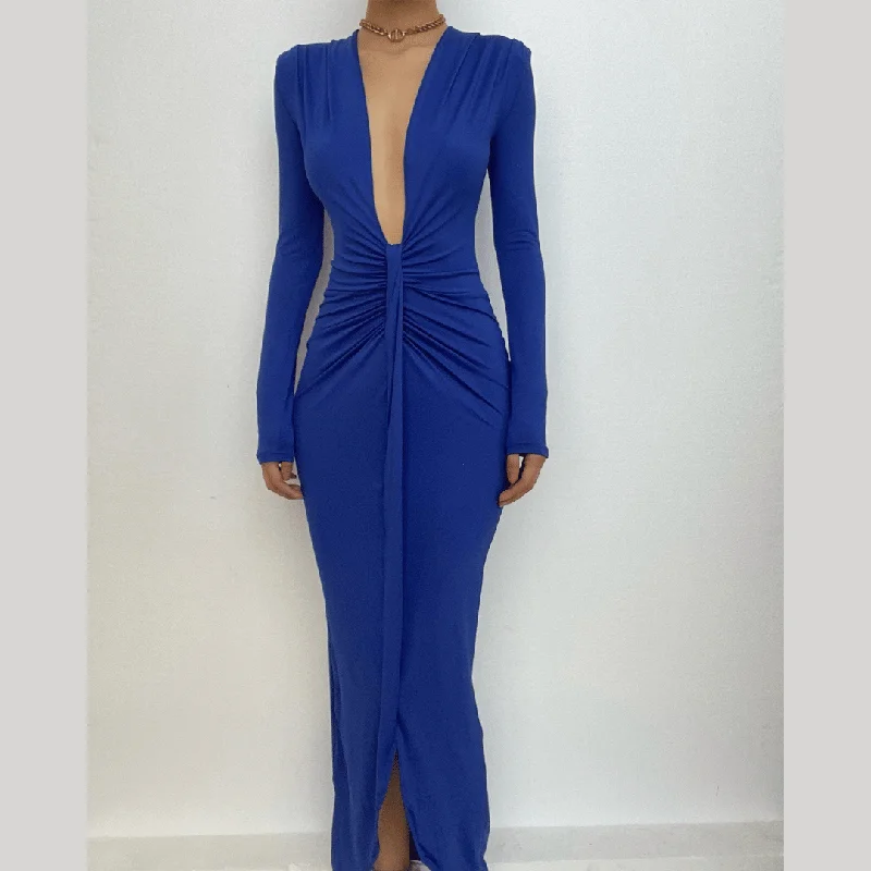 BerryBetty - Long sleeve v neck solid ruched slit midi dress