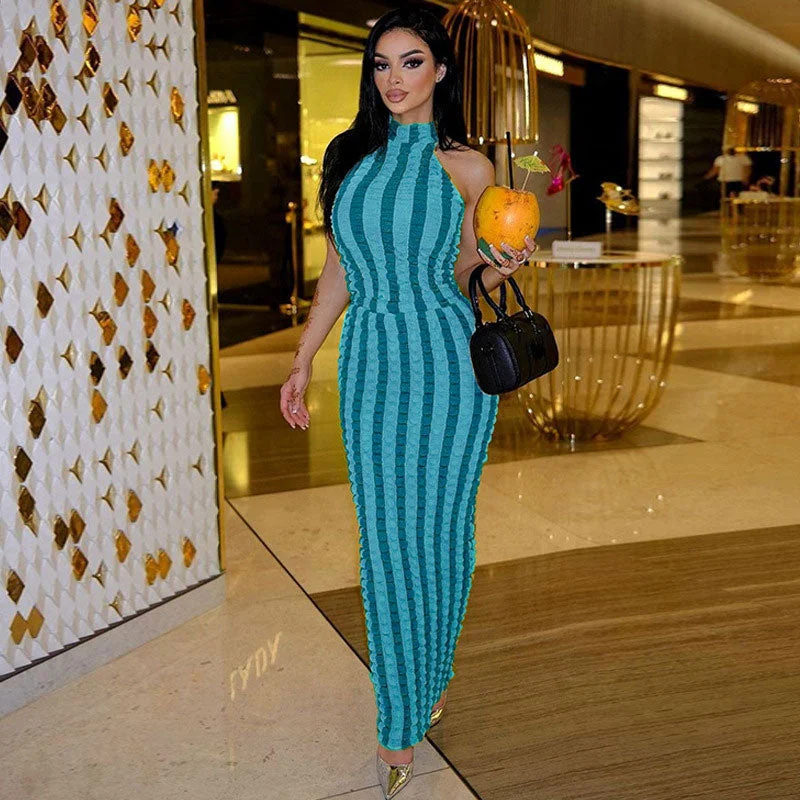 BerryBetty - Popcorn Striped High Neck Sleeveless Bodycon Maxi Dress - Blue