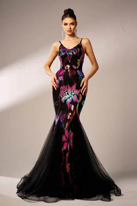 Sparkly Floral Black Mermaid Spaghetti Straps Tulle Prom Dress