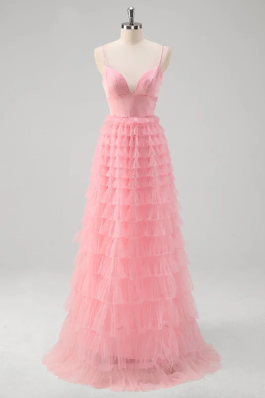 Pink A Line Spaghetti Straps Tulle Tiered Long Prom Dress