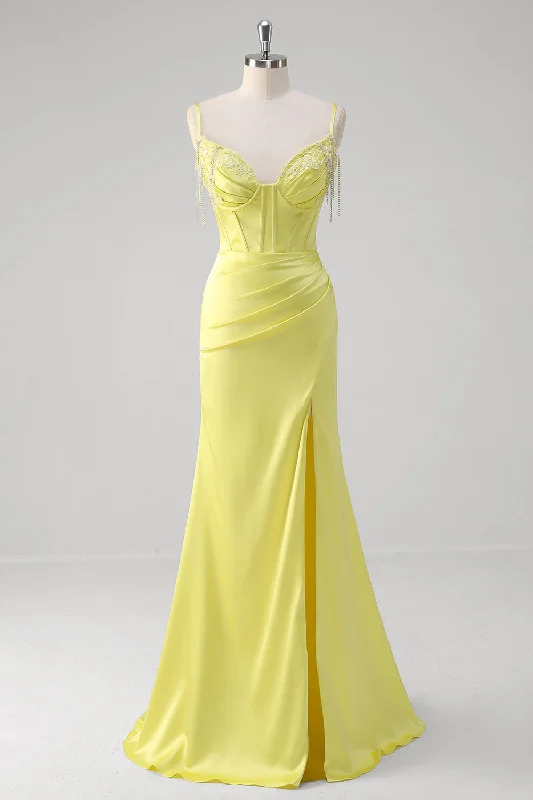 Yellow Mermaid Corset Spaghetti Straps Long Prom Dress With Slit