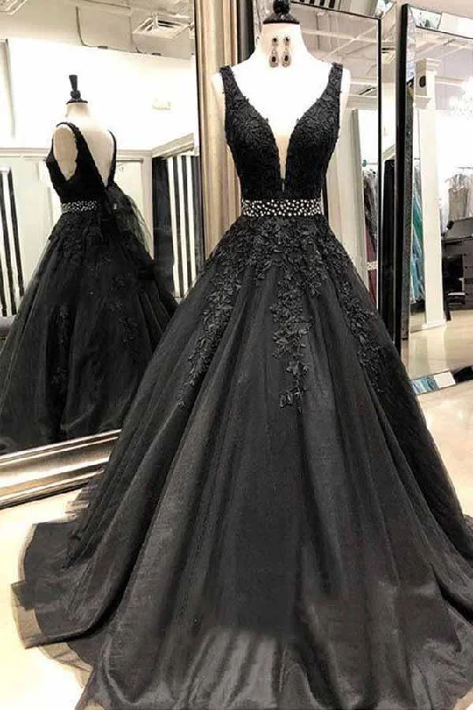 A-line V Neck Open Back Black Long Prom Dress with Beading PG713