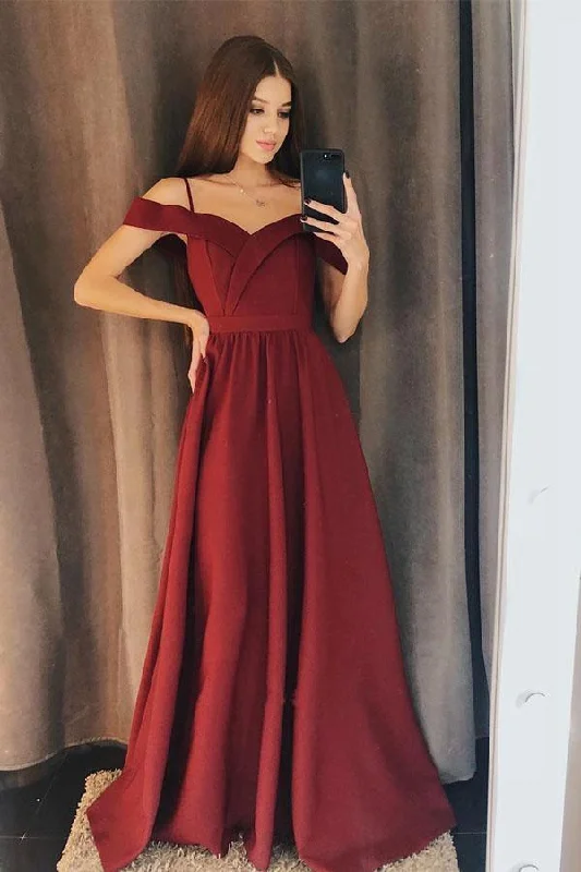 Charming A Line Off the Shoulder Burgundy Satin Long Prom Dresses PG718