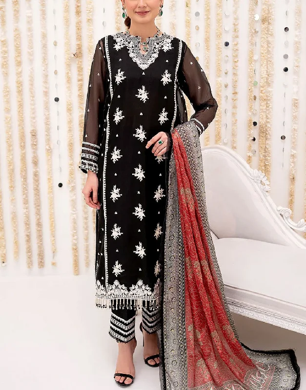 Formal Embroidered Black Chiffon Wedding Dress with Silk Dupatta (DZ17637)