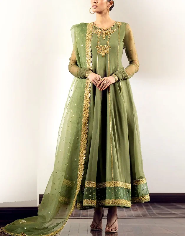 Handwork Embroidered Organza Party Wear Frock with Silk Trouser (DZ17669)