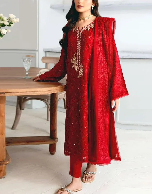 Heavy Embroidered Red Chiffon Party Wear Dress with Inner (DZ17636)