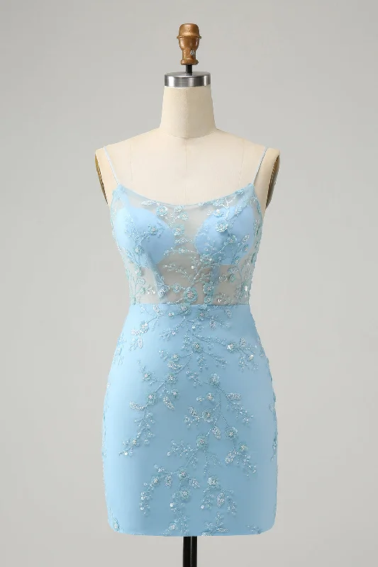 Glitter Blue Tight Beaded Flowers Spaghetti Straps Party Dress