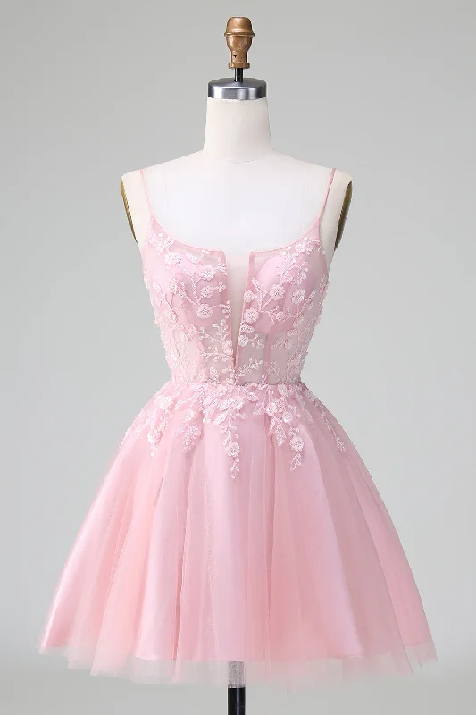 Glitter Blush A-line Tulle Short Prom Dress with Flowers