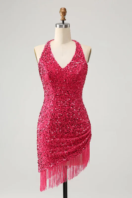 Glitter Fuchsia Sequins Halter Tight Short Prom Dress with Tassels