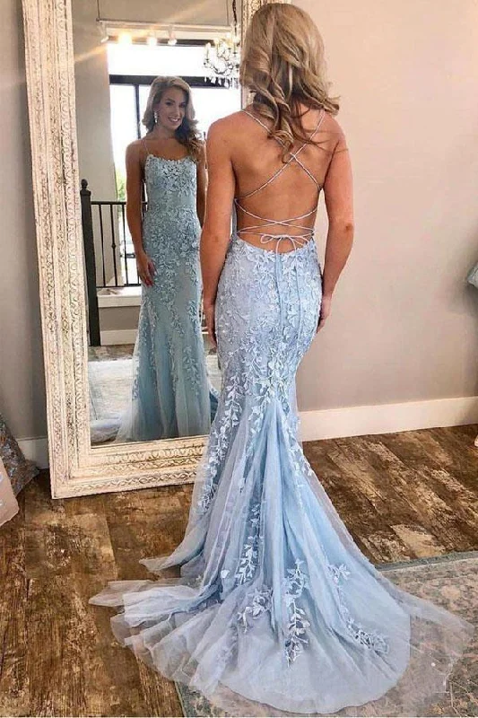 Mermaid Spaghetti Straps Criss Cross Light Blue Long Prom Dress PG721