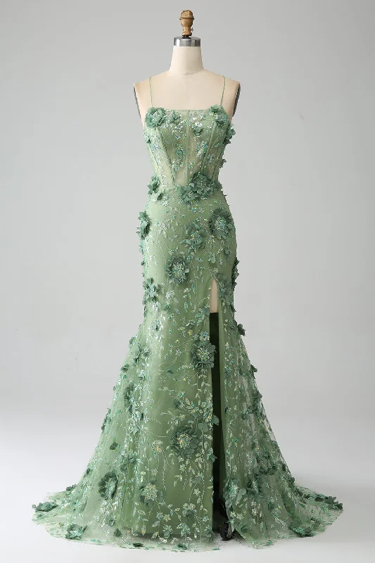 Mermaid Spaghetti Straps Green Corset Prom Dress with Appliques