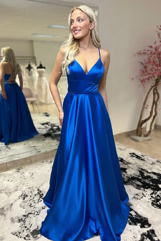 Satin A-Line Lace-Up Back Royal Blue Long Prom Dress