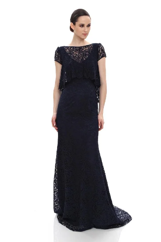 Theia - 882445 Lace Bateau Neck Cap Sleeves Trumpet Dress