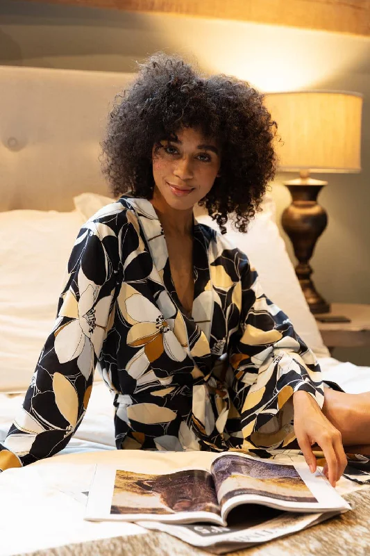 women robes with a contrast - colored beltBeth Floral Print Long Dressing Gown