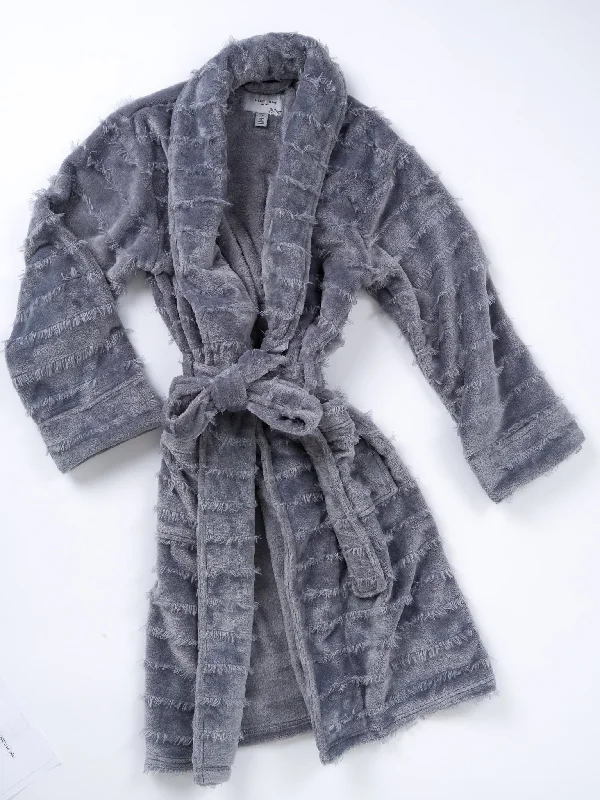 solid - colored women robes in trendy huesPolyester Furry Stripe Robe - Grey