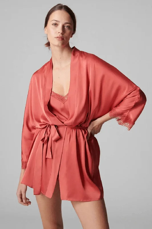 women robes with a color - blocking effectSatin Secrets Kimono Quartz Pink
