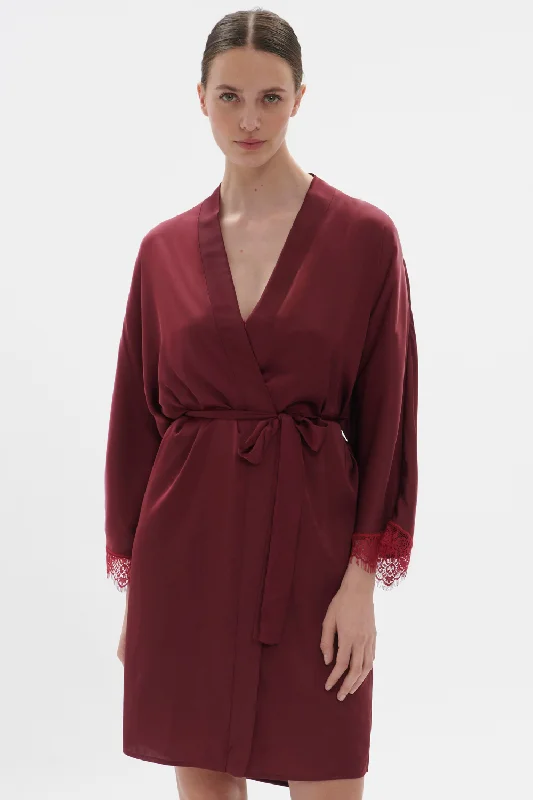 women robes with embroidery detailsSatin Secrets Kimono Spinel Red