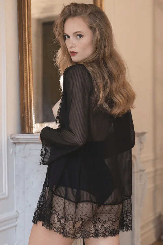 women robes with a soft - touch fabric for a pleasant feelStriped Chiffon & Lace Kimono