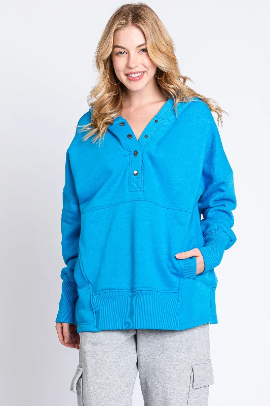 Blue Hooded Button Pullover Sweater