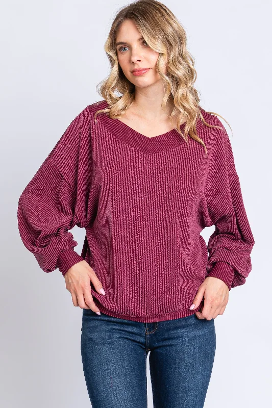 Burgundy Ribbed V-Neck Cropped Sweater