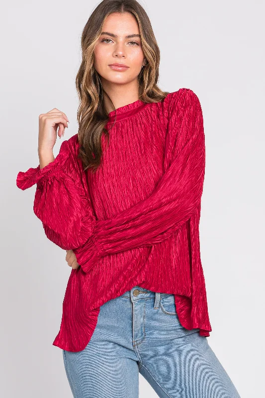 Magenta Textured Mock Neck Blouse