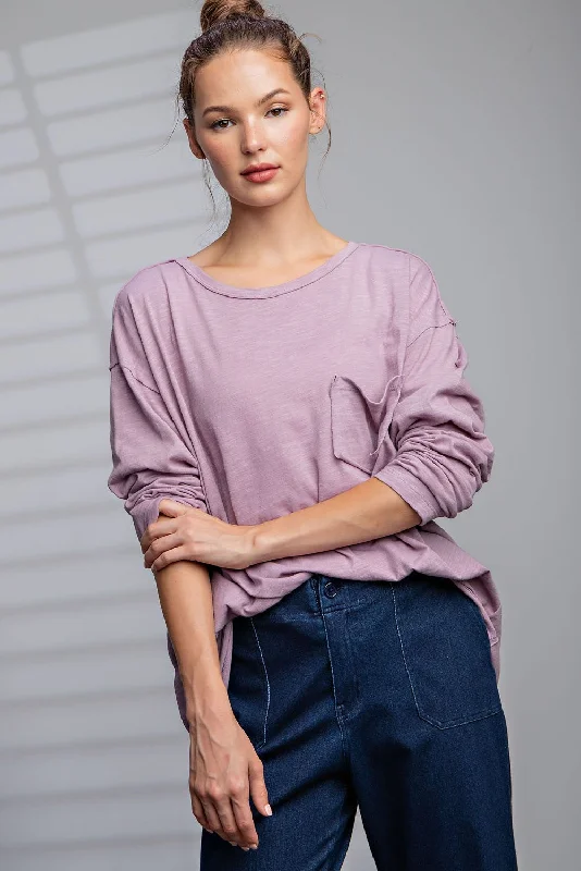 Mauve Mineral Wash Front Pocket Long Sleeve Top