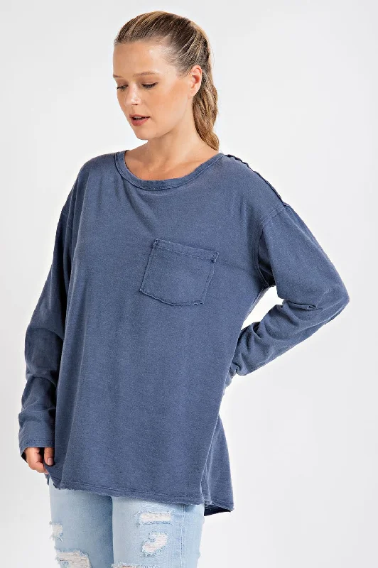 Navy Blue Mineral Wash Front Pocket Long Sleeve Top