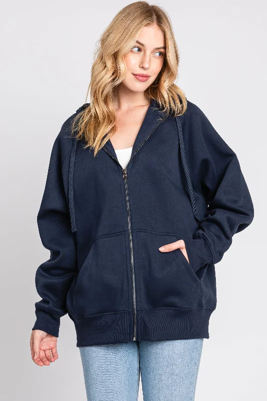 Navy Front Zipper Hooded Sweater