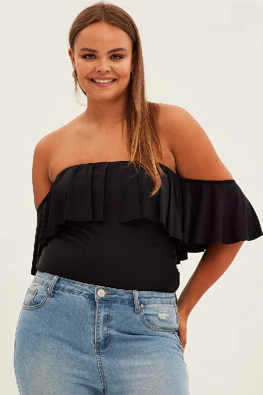 Black Frill Bodysuit Off Shoulder Frill Jersey