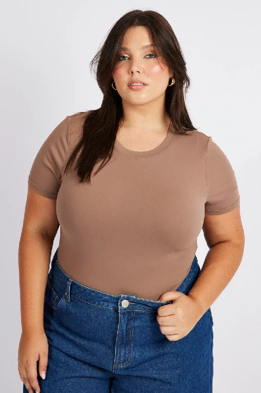 Brown Bodysuit Short Sleeve Crew Neck Supersoft