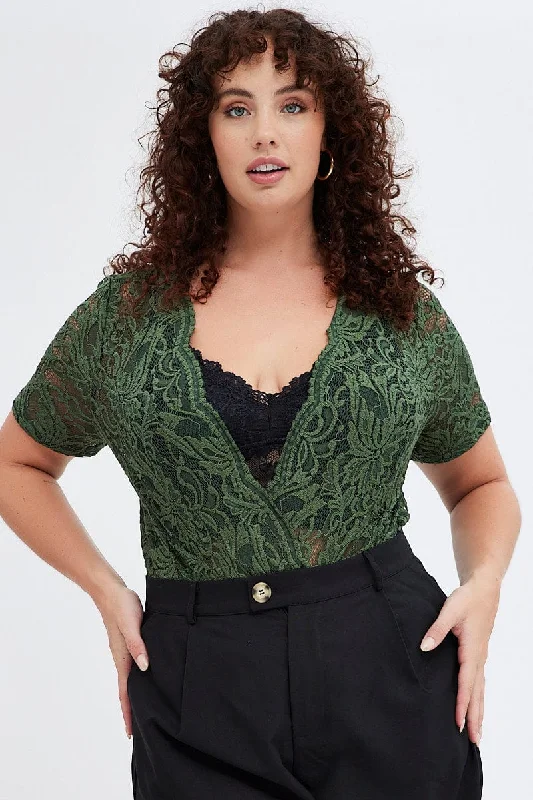 Green Lace Bodysuit Short Sleeve V-neck