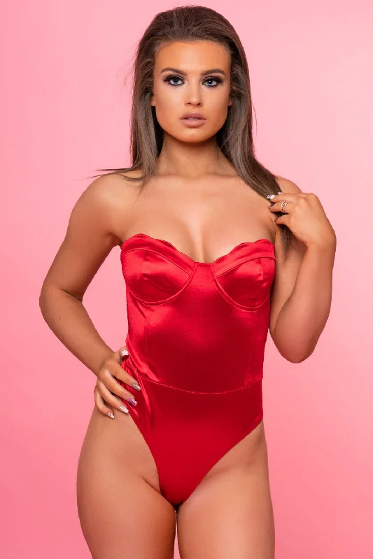 Red Satin Strapless Bodysuit