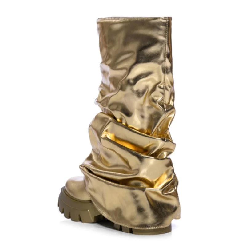 Women Foldover Metallic Booties Round Toe Platform Chunky Heels Mid-calf Boots Pull-on Motorcycle Boots Fashion Women's Shoes